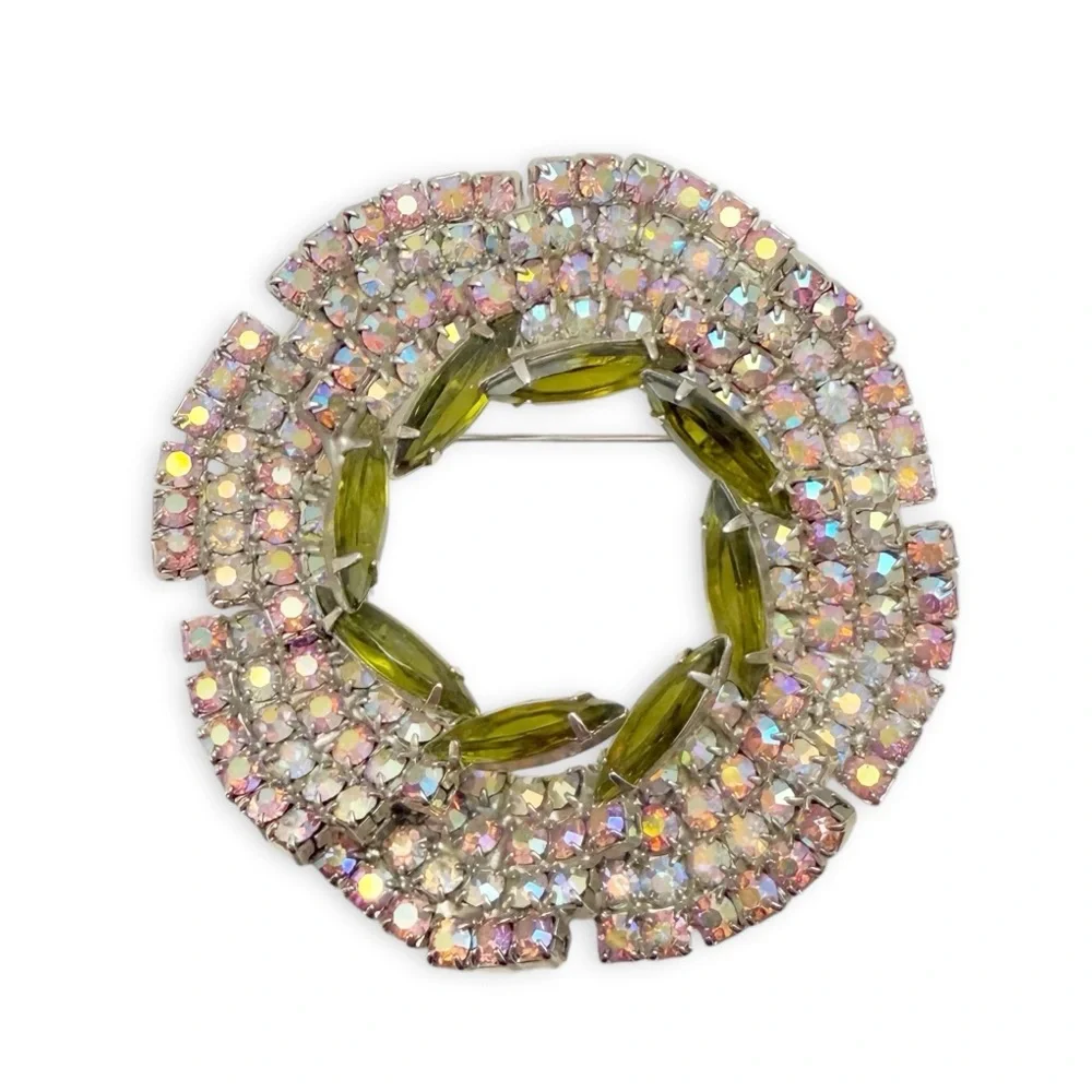 Vintage AB Green Glass Rhinestone Layered Tiered Round Wreathe Pin Brooch